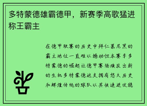 多特蒙德雄霸德甲，新赛季高歌猛进称王霸主