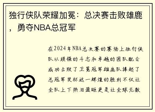 独行侠队荣耀加冕：总决赛击败雄鹿，勇夺NBA总冠军